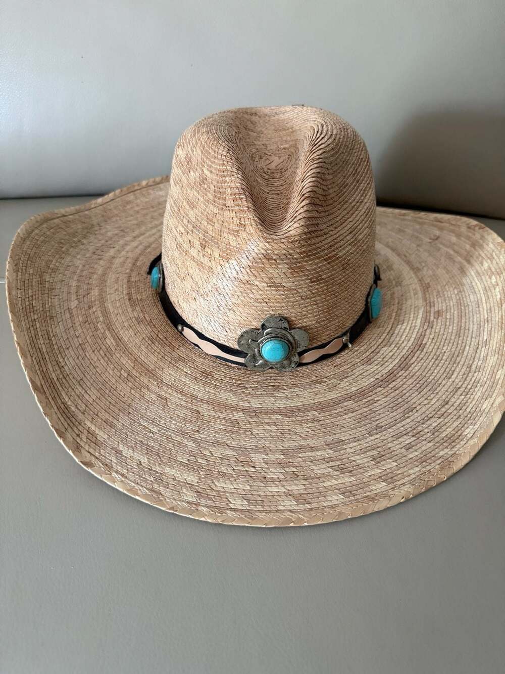 Straw Vintage Western Cowboy Hat with Turquoise Stone and Leather Band